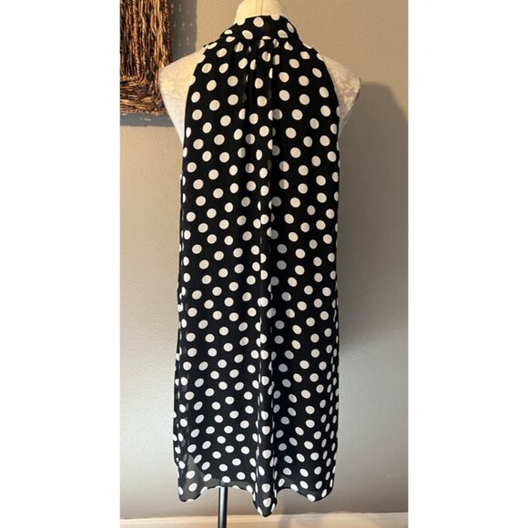 MSK Dress 14 Black White Polka Dot Mock Tie Neck Sleeveless Flowy Washable NEW - Picture 3 of 7